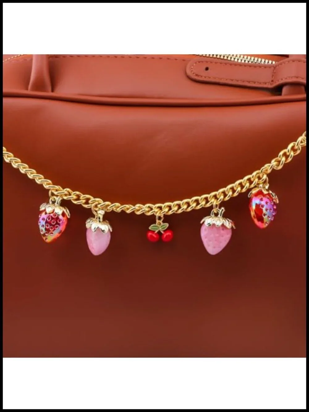 Strawberry Purse Charm Keychain - Gold Plated Alloy Bag Chain Extender with